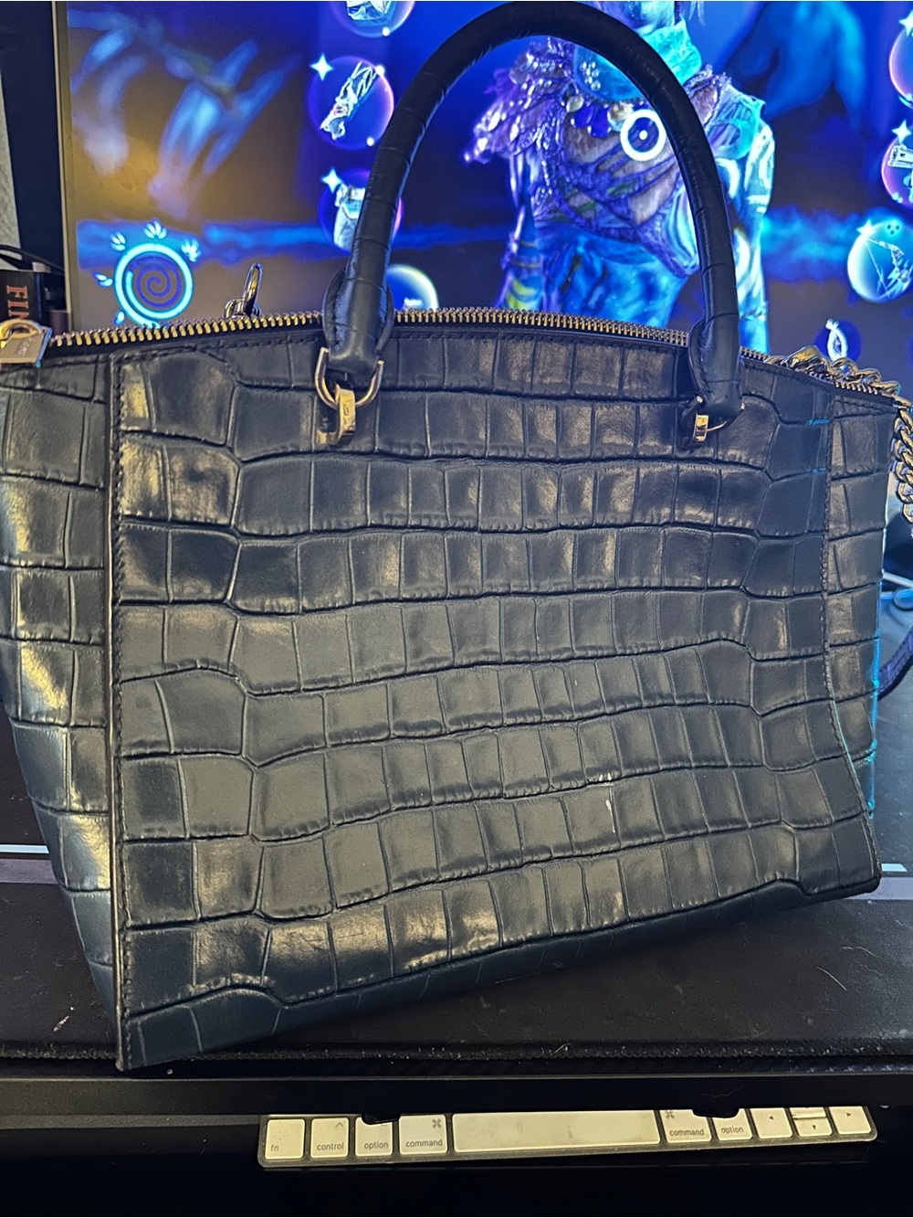 NWOT Michael Kors Croc Embossed Leather Bag Black Gold Chain Shoulder Crossbody - Picture 11 of 16